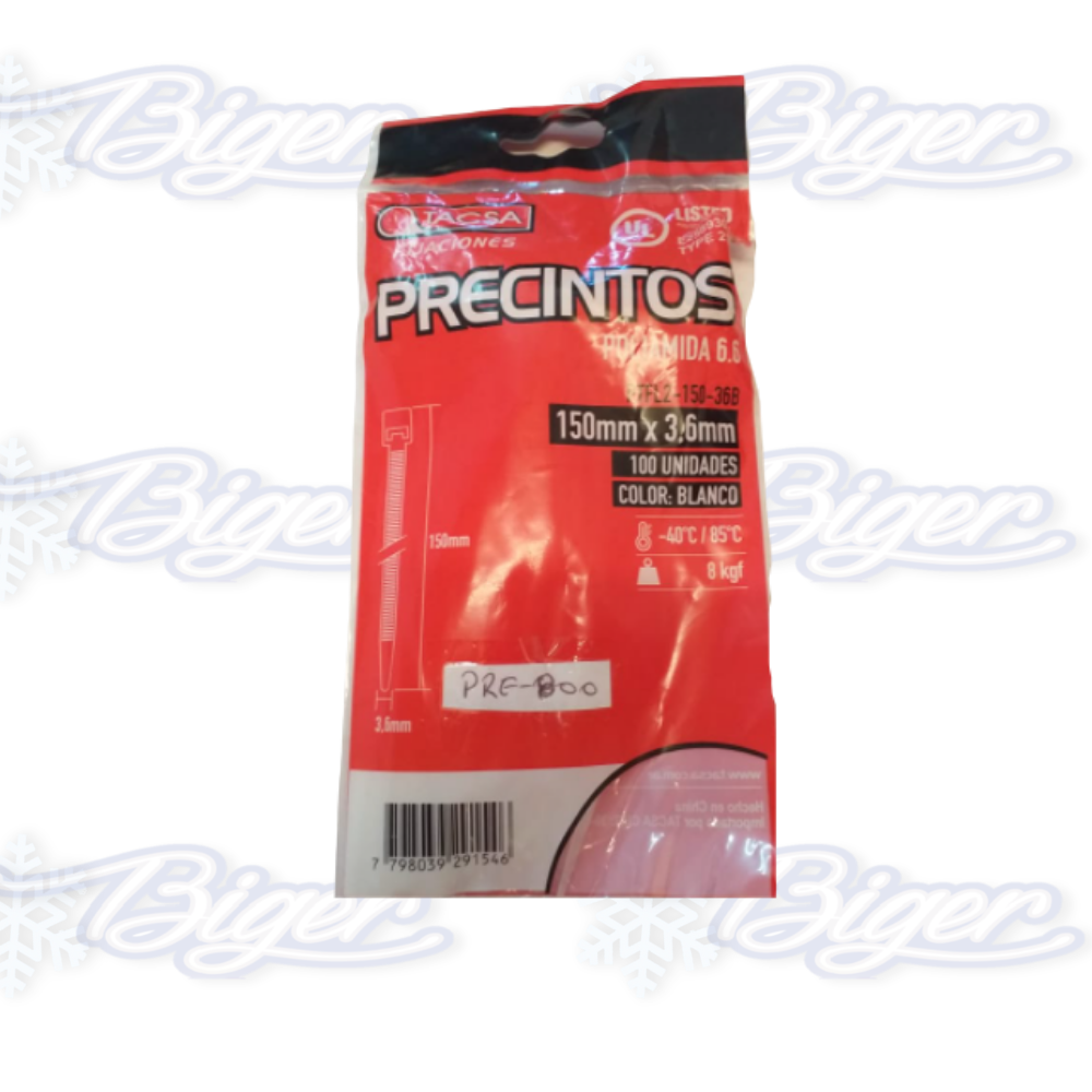 Precintos 150mm/3,6mm  C/U  blanco/negro Tacsa