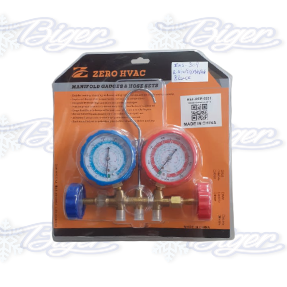 Manifold dual Zero Hvac R410-R22-R134-R404 de bronce con mangueras
